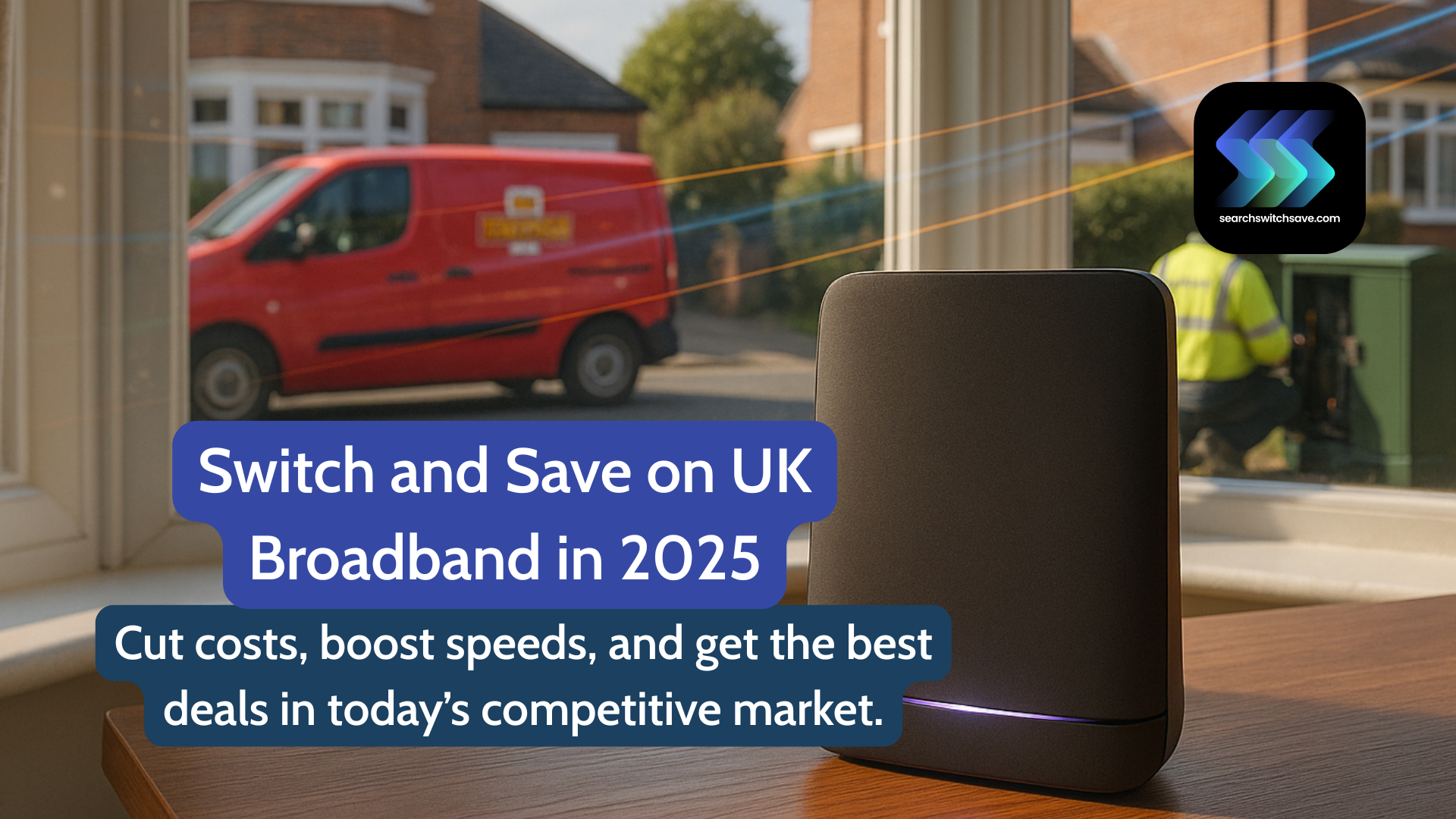 Full-fibre broadband router on a desk in a UK home, with a Royal Mail van and Openreach engineer working on a green street cabinet outside, symbolising faster speeds and cheaper broadband deals in 2025.