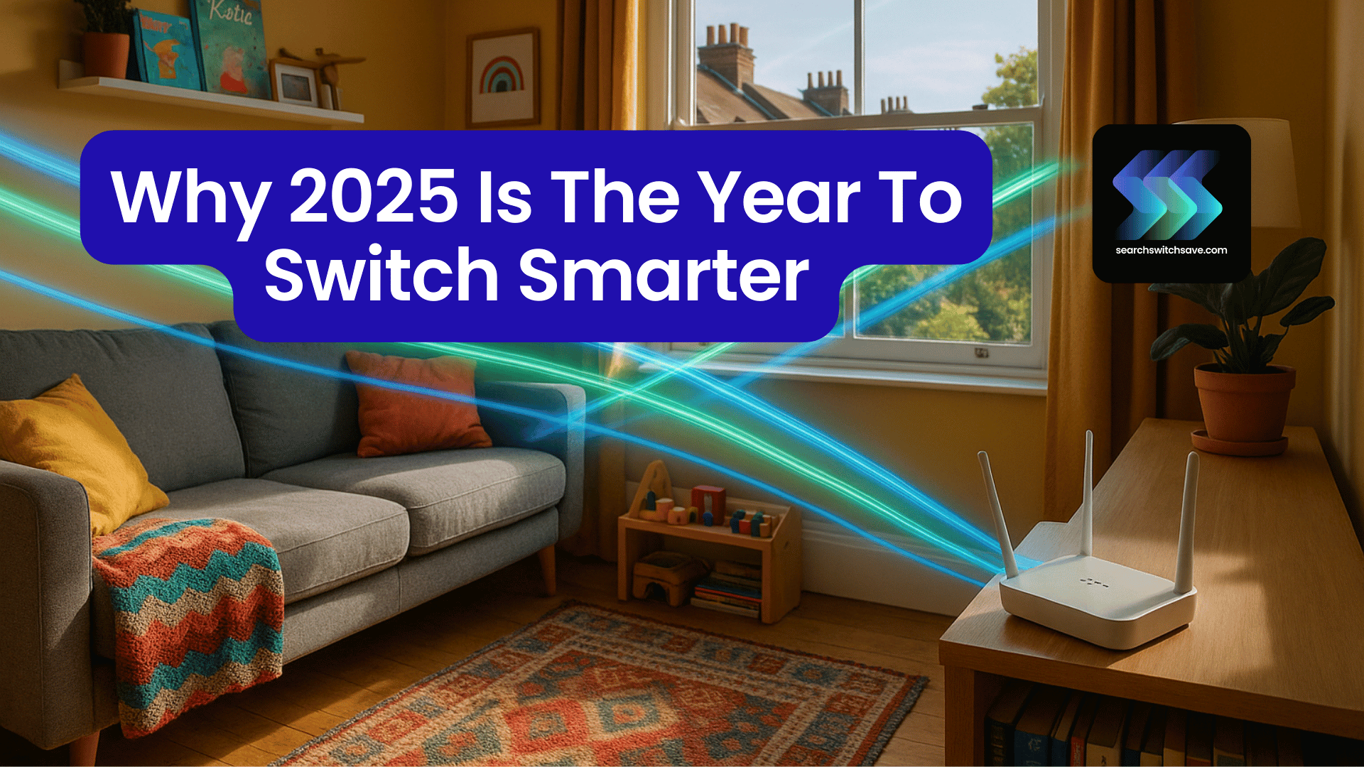 UK living room with broadband router and energy light trails, text overlay reads Why 2025 Is The Year To Switch Smarter