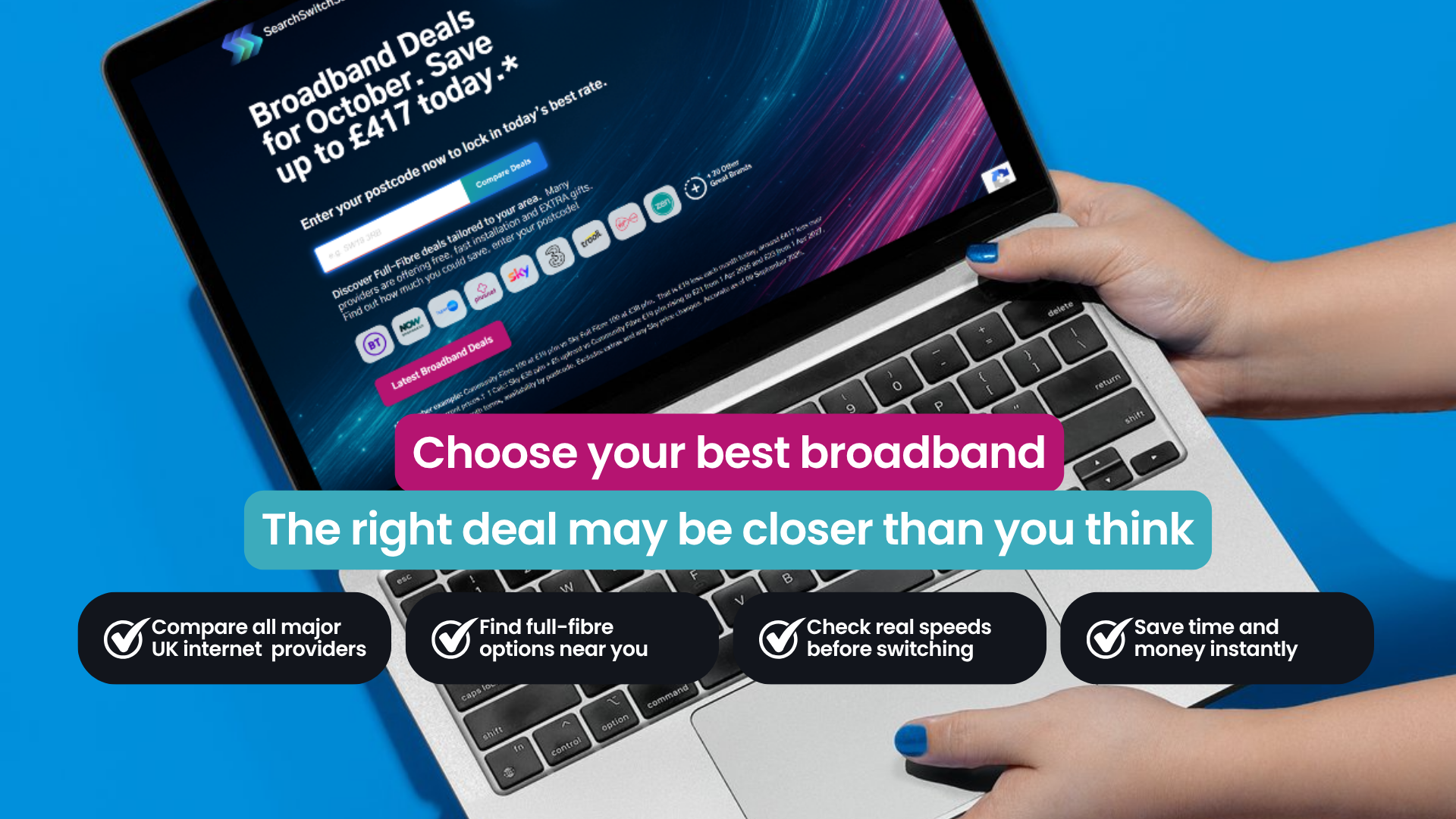 Hands holding a laptop displaying the SearchSwitchSave broadband deals page with bright blue background and comparison benefits banners.