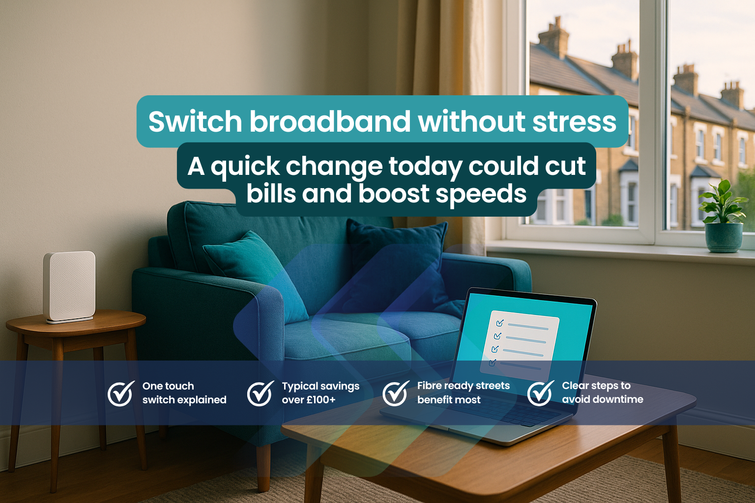 UK living room with router and laptop checklist, full fibre cable by skirting board