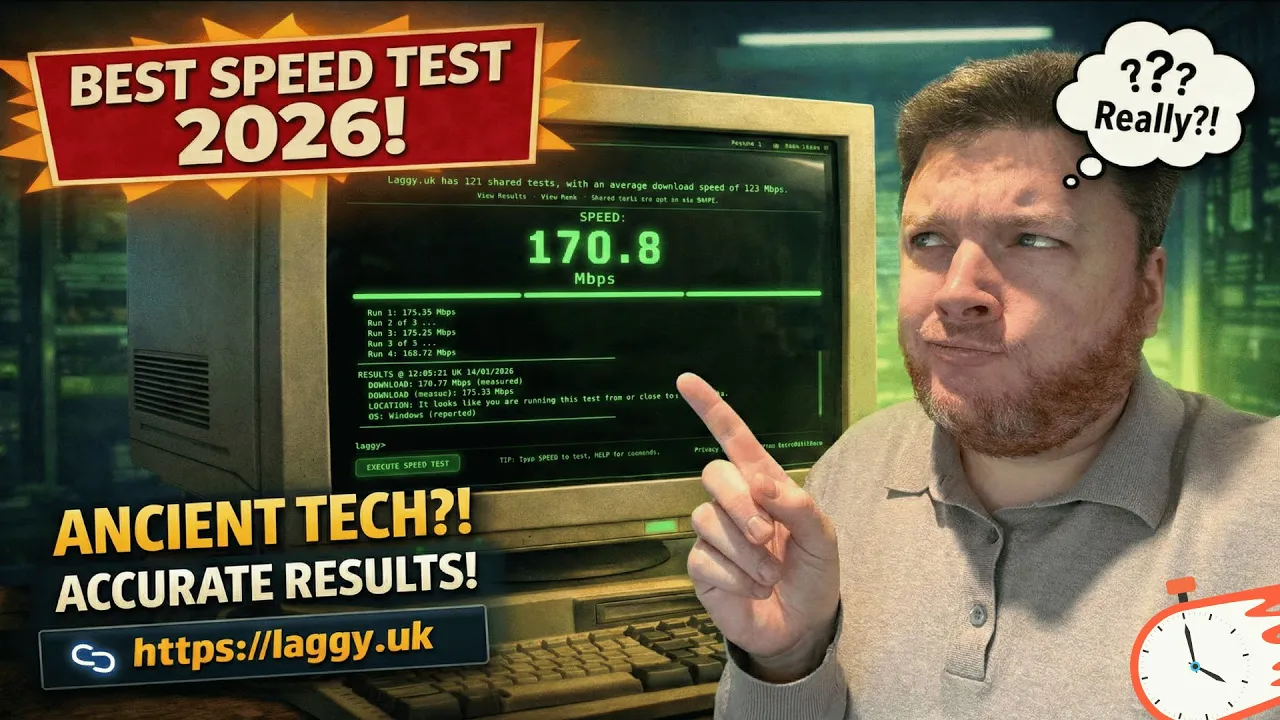 Retro Laggy.uk speed test on a vintage CRT monitor showing 170.8 Mbps, with a person pointing at the screen and text reading “Best speed test 2026” and “Ancient tech?! Accurate results!”, plus the Laggy.uk URL.