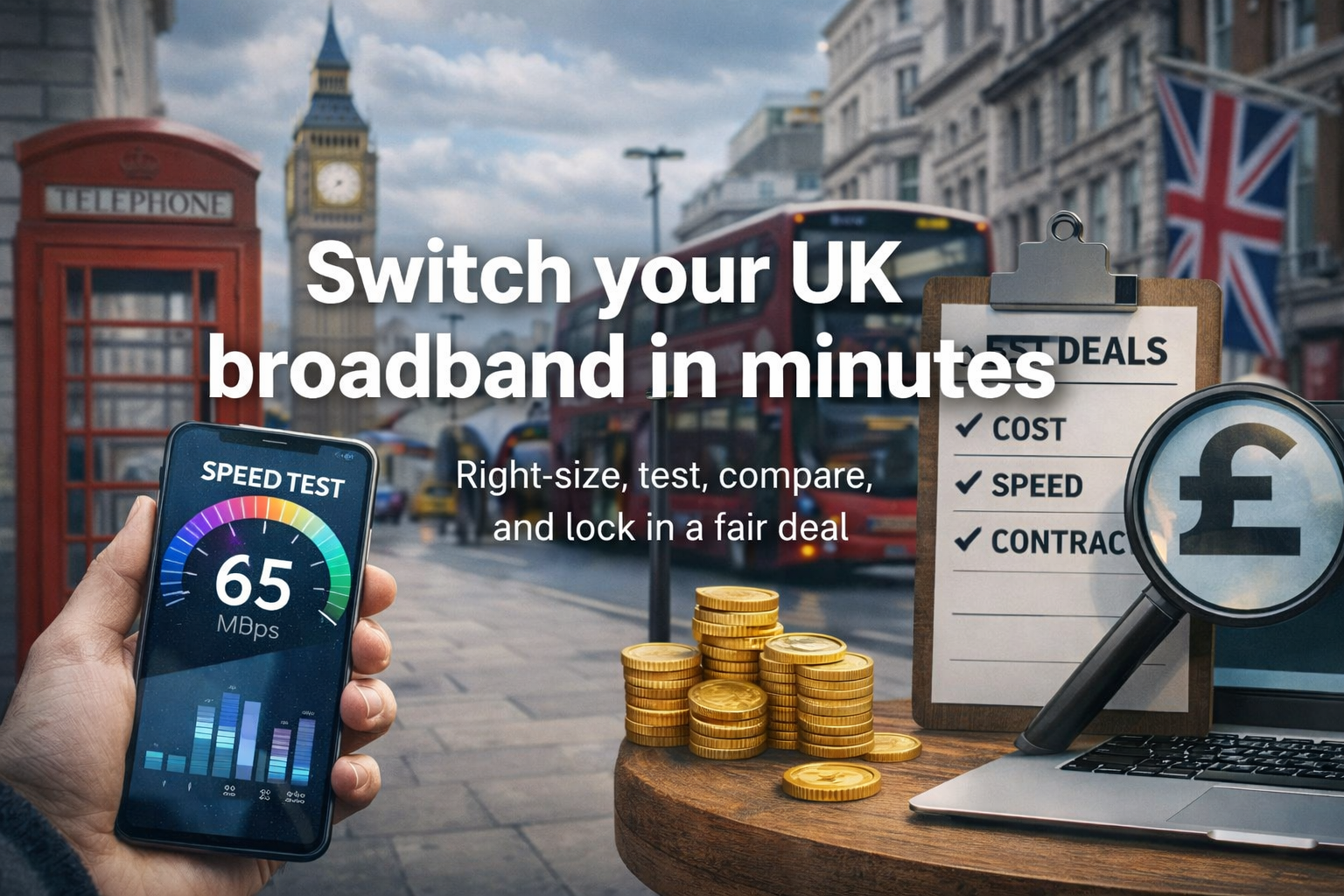 London scene with speed test phone, best deals checklist, and headline “Switch your UK broadband in minutes”