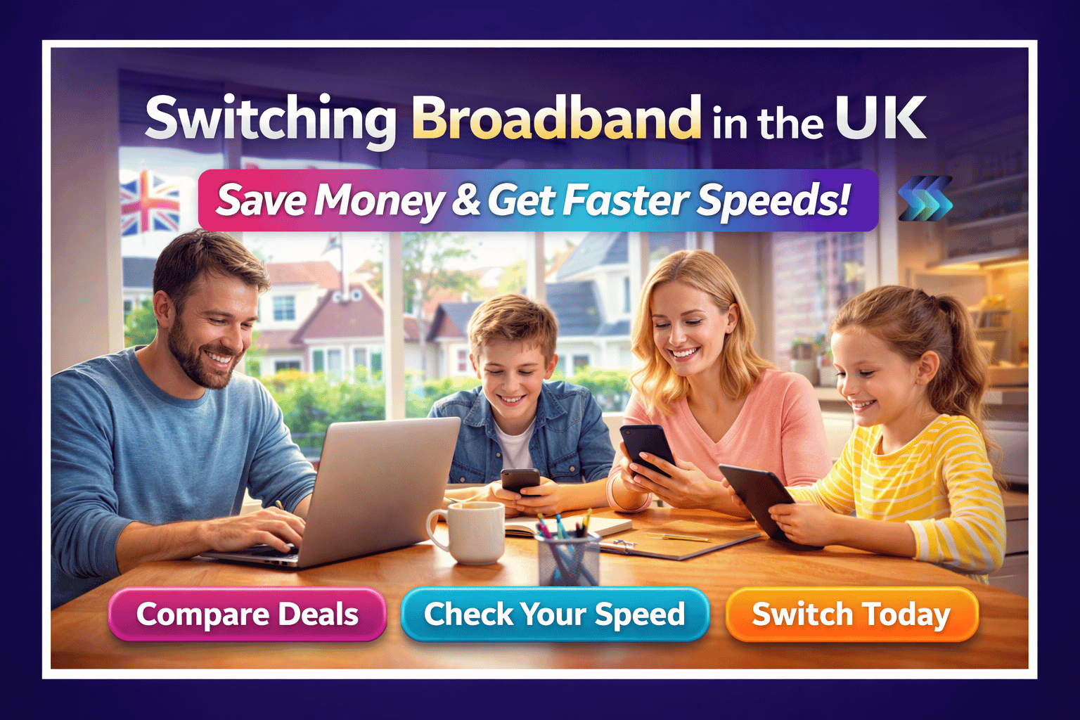 Happy family of four at a dining table in a bright UK home using a laptop, phones, and a tablet, with headline “Switching Broadband in the UK” and buttons to compare deals, check speed, and switch today.